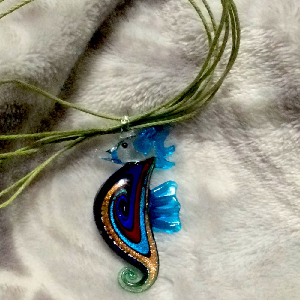 Classc Lampworked  Glass 3D Seahorse Pendant. Blue